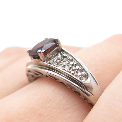 925 Sterling Silver Real Diamond Accent & Red Garnet Ring Size 10