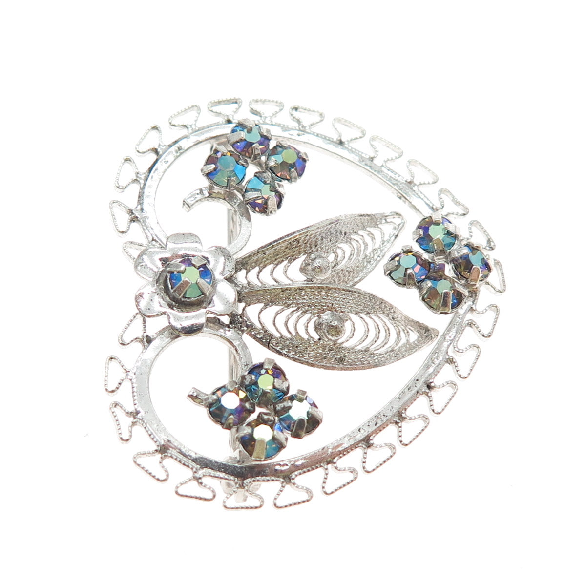 CURTIS CREATIONS Sterling Vintage Rhinestone Flower & Heart Filigree Pin Brooch