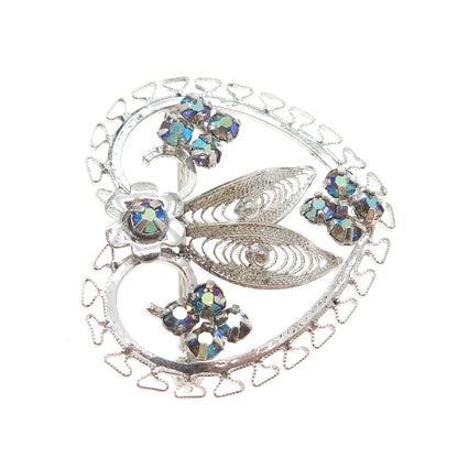 CURTIS CREATIONS Sterling Vintage Rhinestone Flower & Heart Filigree Pin Brooch