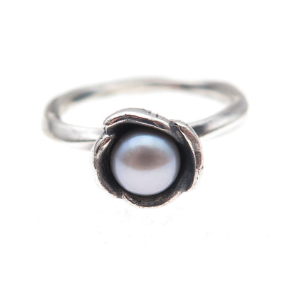Pandora 925 Sterling Silver Real Grey Pearl My Wish Flower Ring Size 8.5