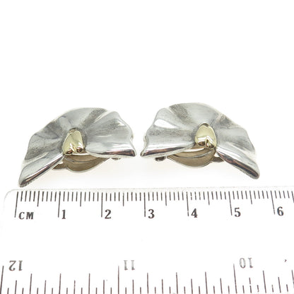 925 Sterling Silver & 18K Yellow Gold Vintage Modernist Heart Clip On Earrings