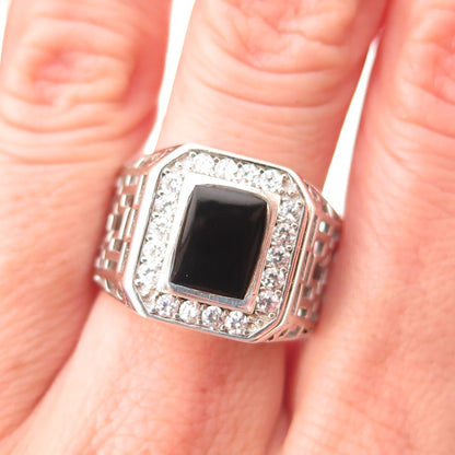 925 Sterling Silver Real Black Onyx & C Z Ornate Ring Size 9