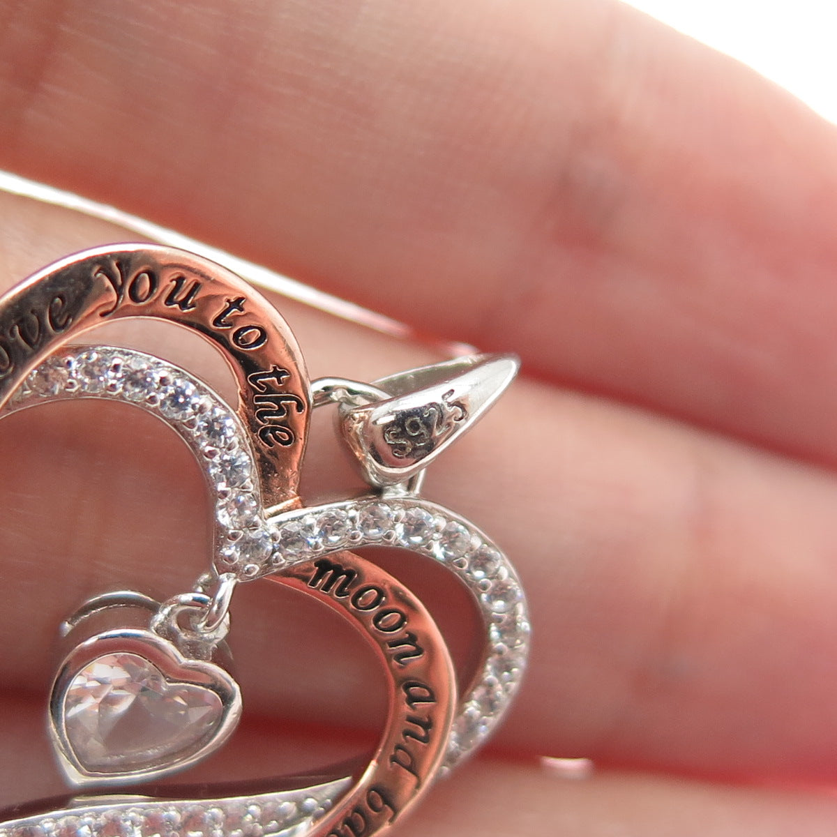 925 Sterling Silver 2-Tone C Z I Love You To The Moon & Back Heart Charm Pendant