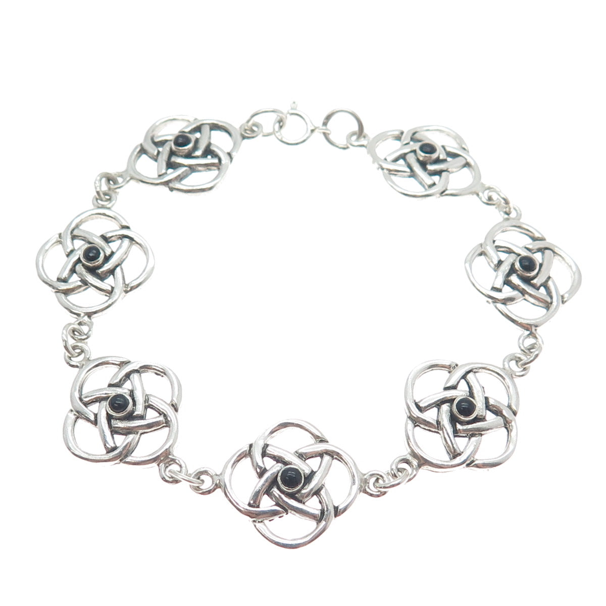 925 Sterling Silver Vintage Real Black Onyx Celtic Love Knot Link Bracelet 7.25"