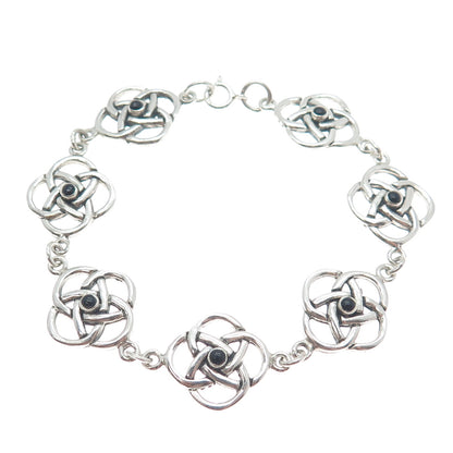 925 Sterling Silver Vintage Real Black Onyx Celtic Love Knot Link Bracelet 7.25"