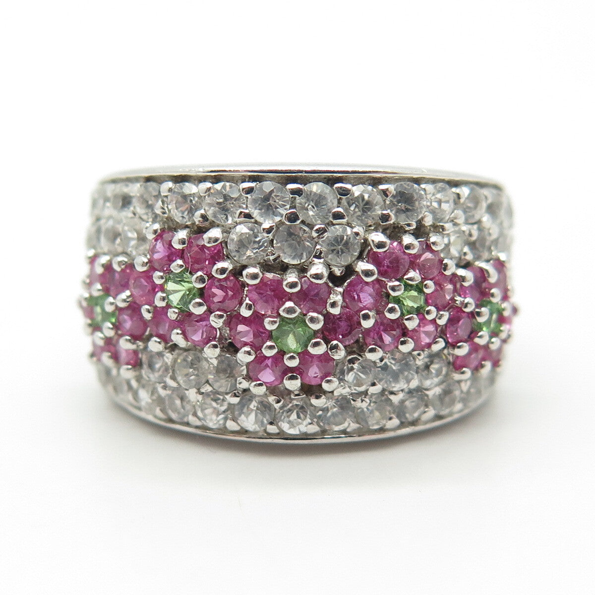 925 Sterling Silver Real White Topaz Peridot Gem & Pink Sapphire Ring Size 6