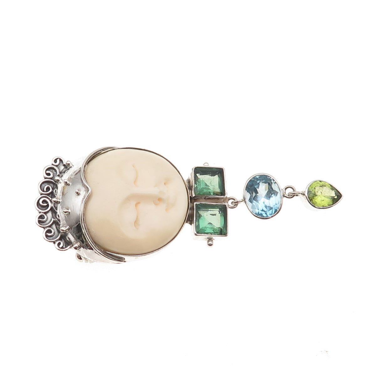 925 Sterling Silver Vintage Real Tourmaline Blue Topaz Peridot Moon Pin Pendant