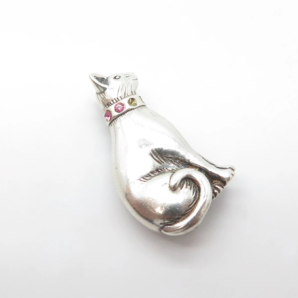 JEZLINE 925 Sterling Silver Vintage Pink Rhinestone Sitting Cat Pin Brooch