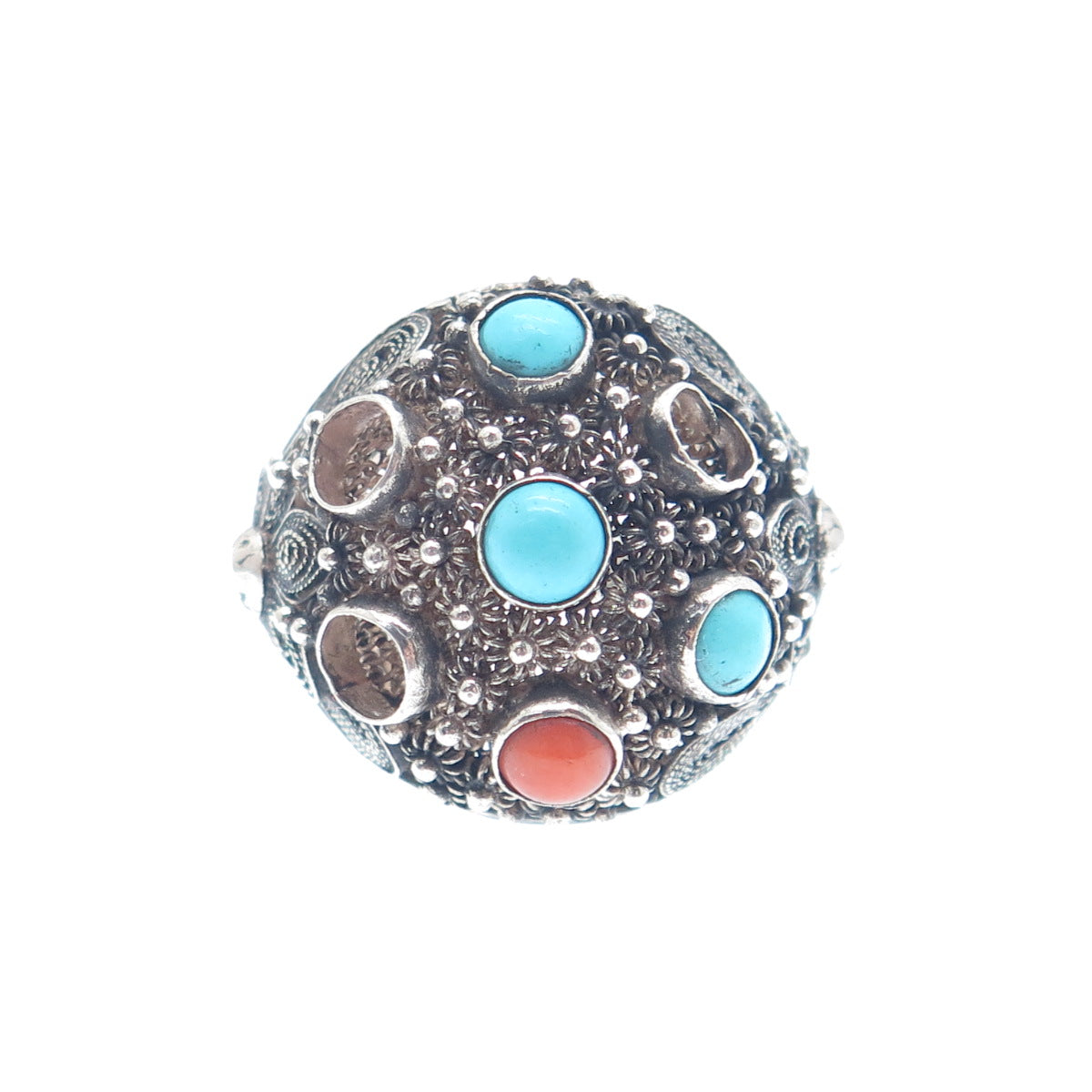 925 Sterling Antique China Turquoise Coral Ring Size 5.25 (missing 3 stones)