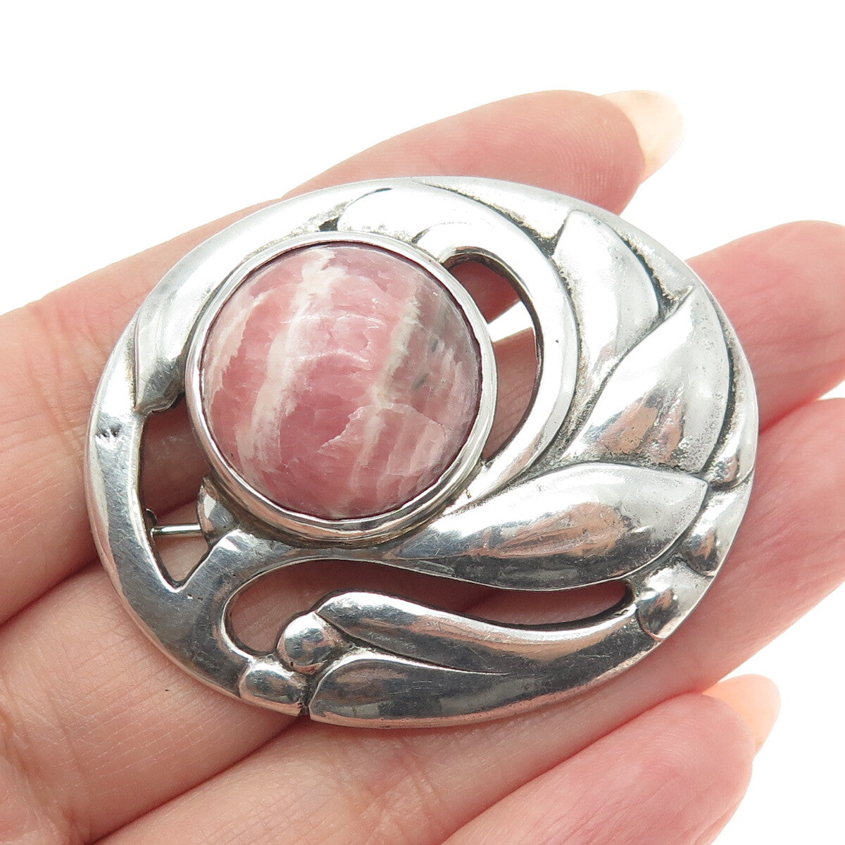 925 Sterling Silver Vintage NTG Scandinavian Real Rhodochrosite Floral Brooch