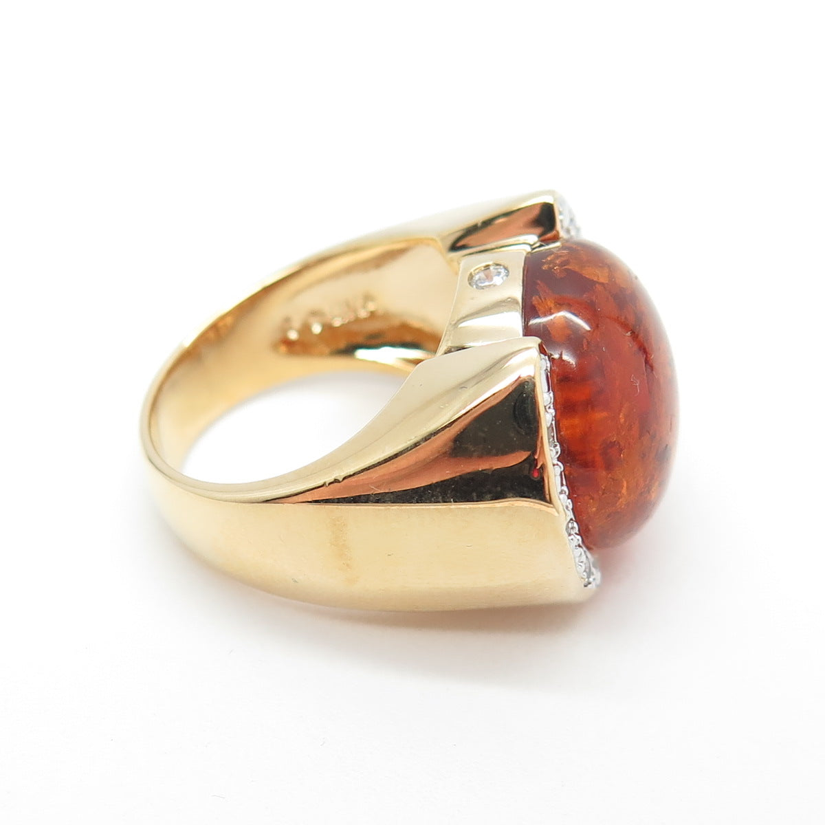 ROSS SIMONS 925 Sterling Silver Gold Plated Real Amber & C Z Ring Size 6.25