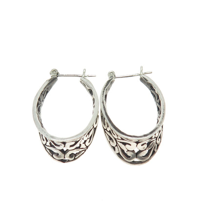 925 Sterling Silver Vintage Ornate Oval Hoop Modernist Earrings