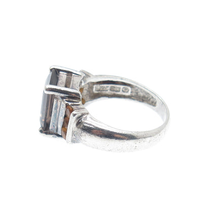 925 Sterling Silver Vintage Real Emerald-Cut Smoky Quartz & Citrine Ring Size 6