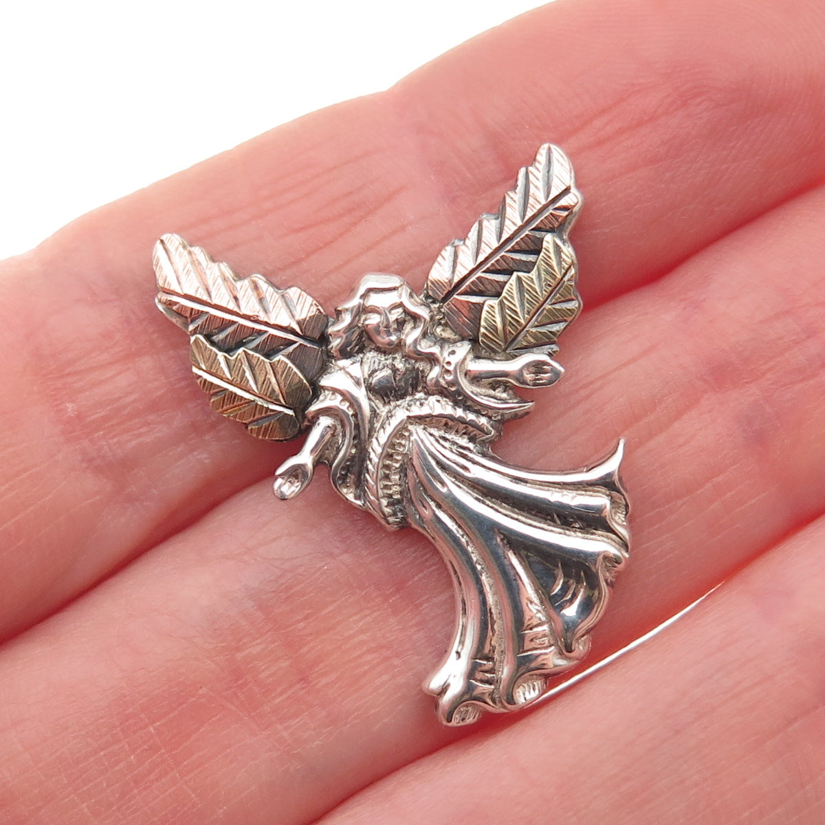 Coleman Co. 925 Sterling 12K Rose & Yellow Gold Vintage Guardian Angel Lapel Pin