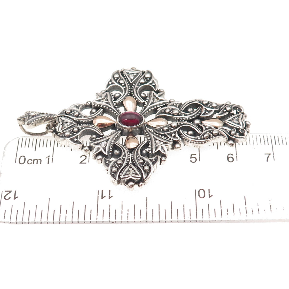925 Sterling Silver 2-Tone Vintage Real Rhodolite & C Z Floral Cross Pendant