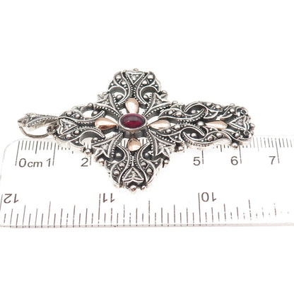 925 Sterling Silver 2-Tone Vintage Real Rhodolite & C Z Floral Cross Pendant