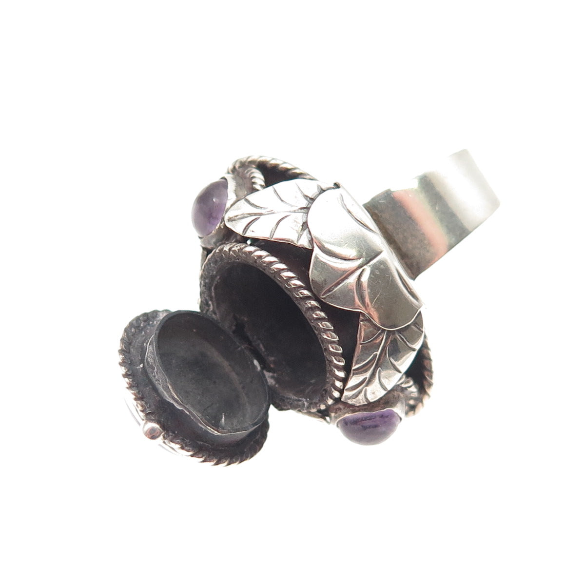 925 Sterling Vintage Mexico Real Amethyst Adjustable Poison Ring Size 7.75