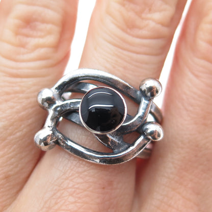 925 Sterling Silver Vintage Real Black Onyx Modernist Oxidized Ring Size 9.25