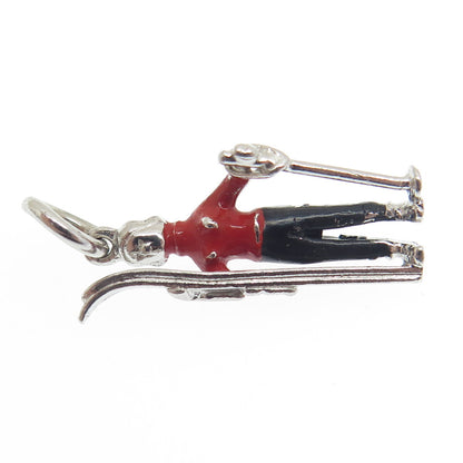 925 Sterling Silver Antique Art Deco Enamel Skier Minimalist 3D Charm Pendant