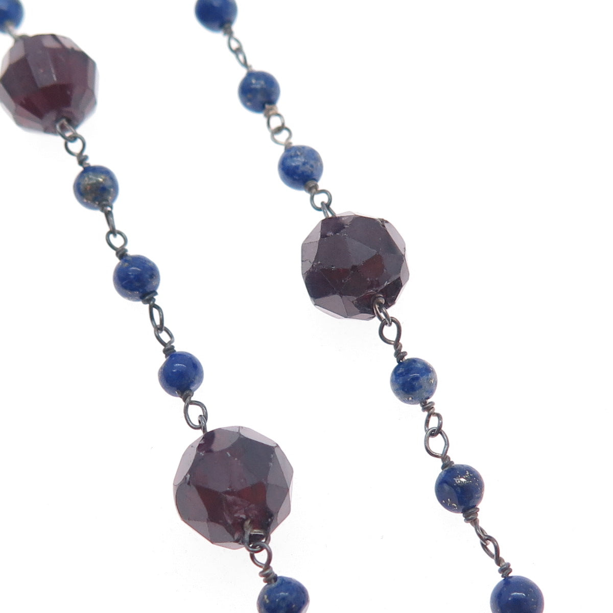 925 Sterling Silver Vintage Real Red Garnet & Lapis Beaded Chain Necklace 18"