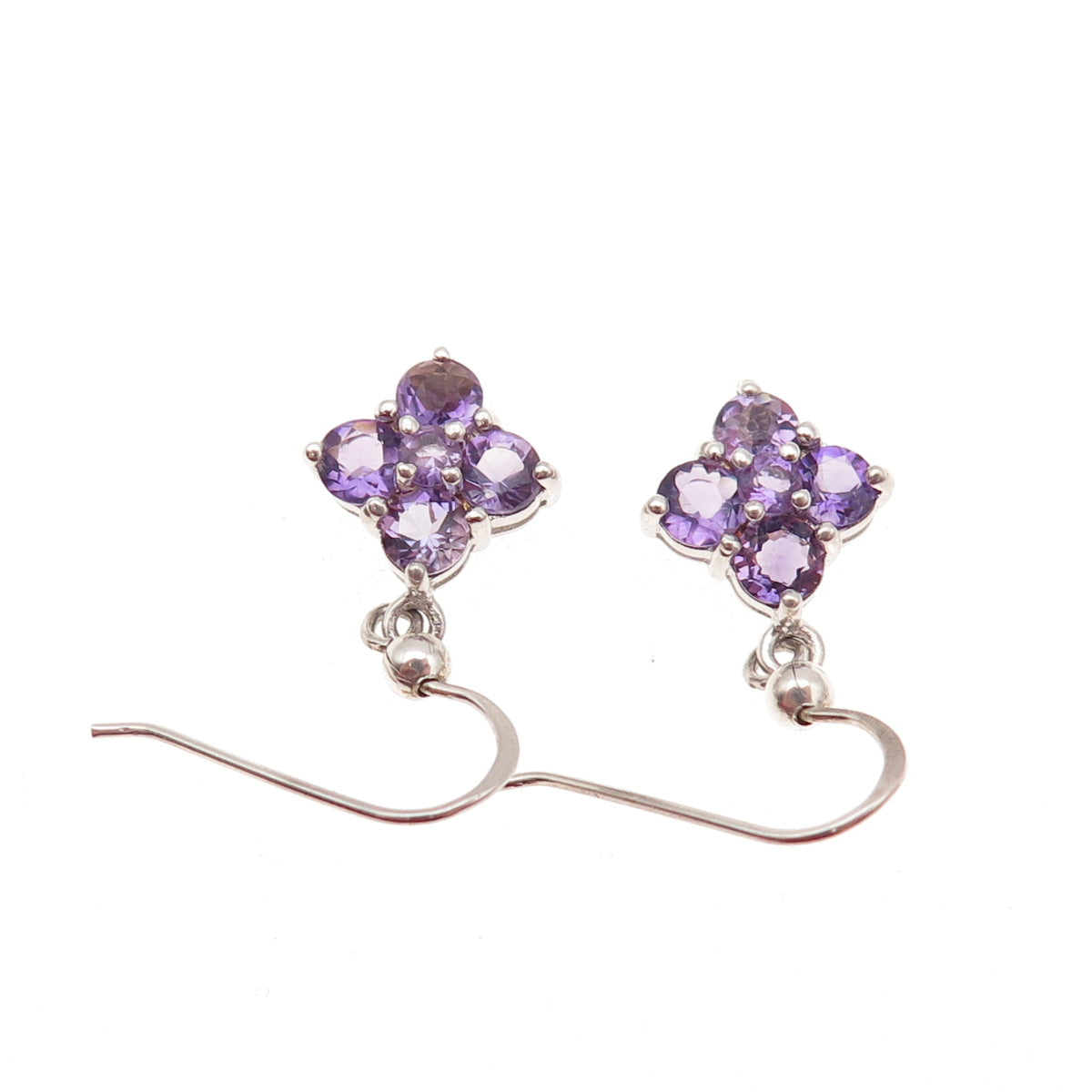 925 Sterling Silver Real Round-Cut Amethyst Floral Dangle Earrings