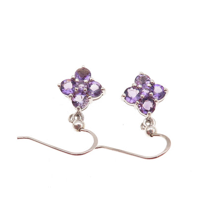 925 Sterling Silver Real Round-Cut Amethyst Floral Dangle Earrings