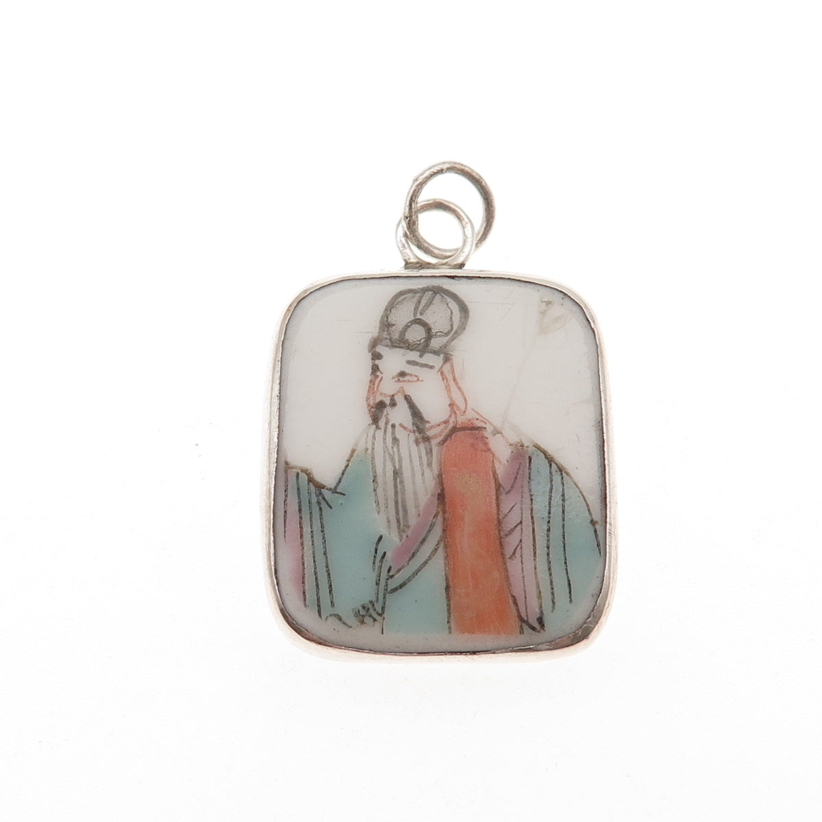 925 Sterling Silver Antique Ceramic Chinese Daoist Immortal Charm Pendant