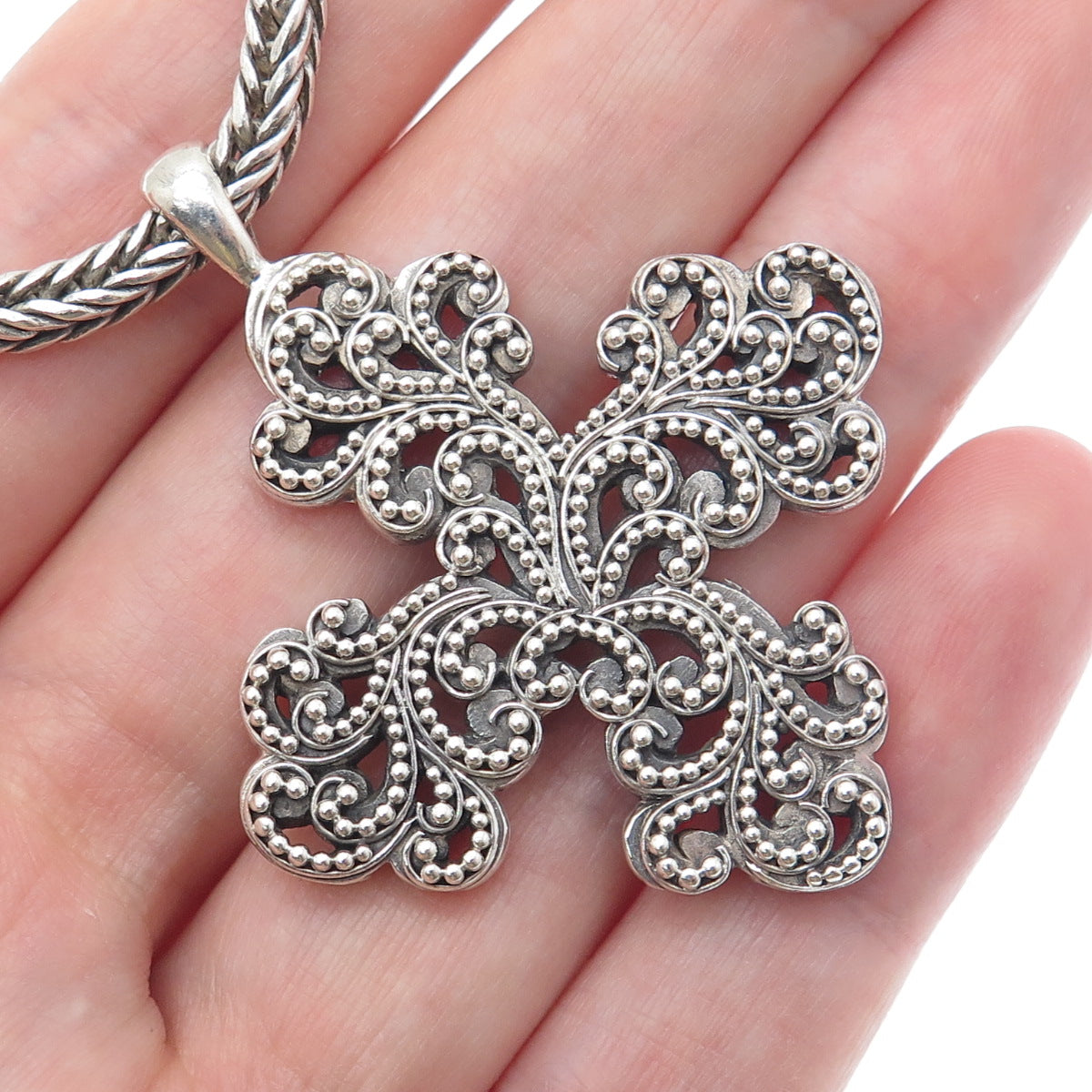 LOIS HILL Sterling Silver Vintage Granulated Cross Spiga Chain Necklace 16-18"