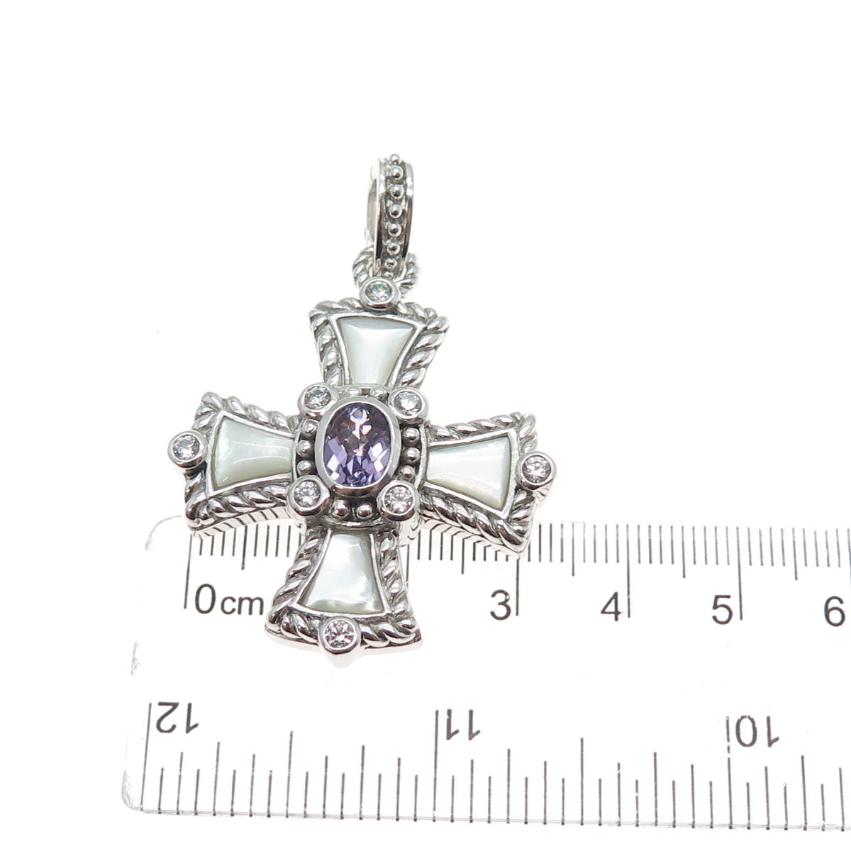 JUDITH RIPKA 925 Sterling Silver Real Amethyst MOP & C Z Cross Charm Pendant