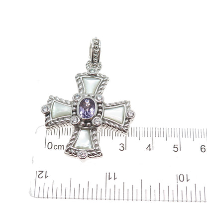 JUDITH RIPKA 925 Sterling Silver Real Amethyst MOP & C Z Cross Charm Pendant