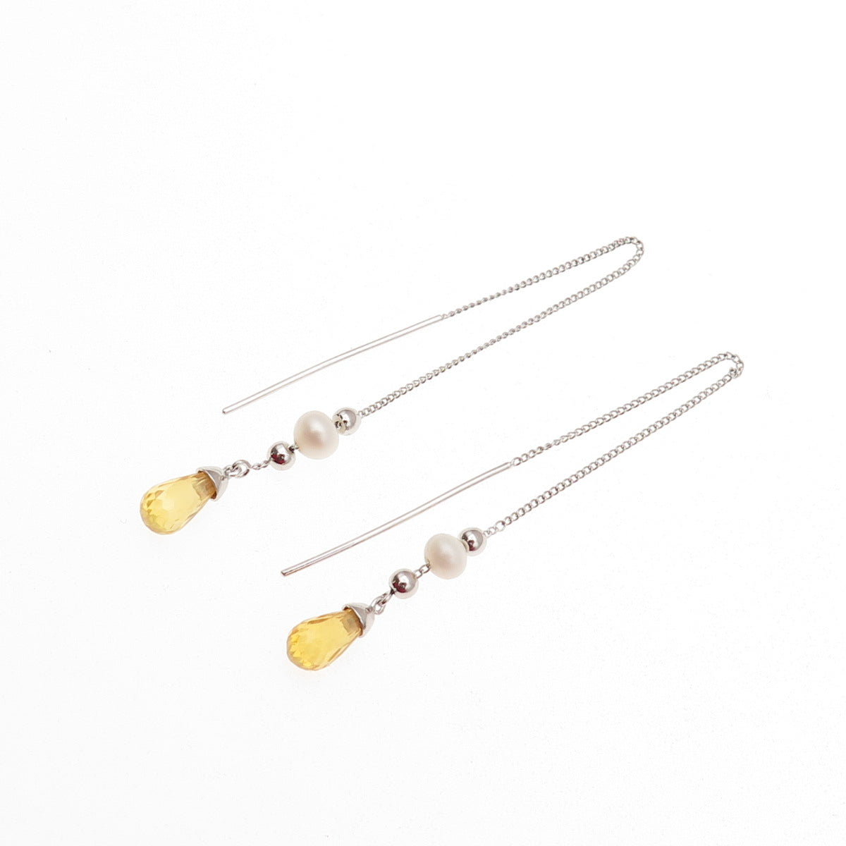 925 Sterling Silver Real Lemon Quartz & Pearl Long Chain Drop Dangle Earrings