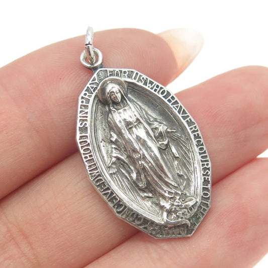 925 Sterling Silver Antique Art Deco St. Mary Miraculous Religious Medal Pendant