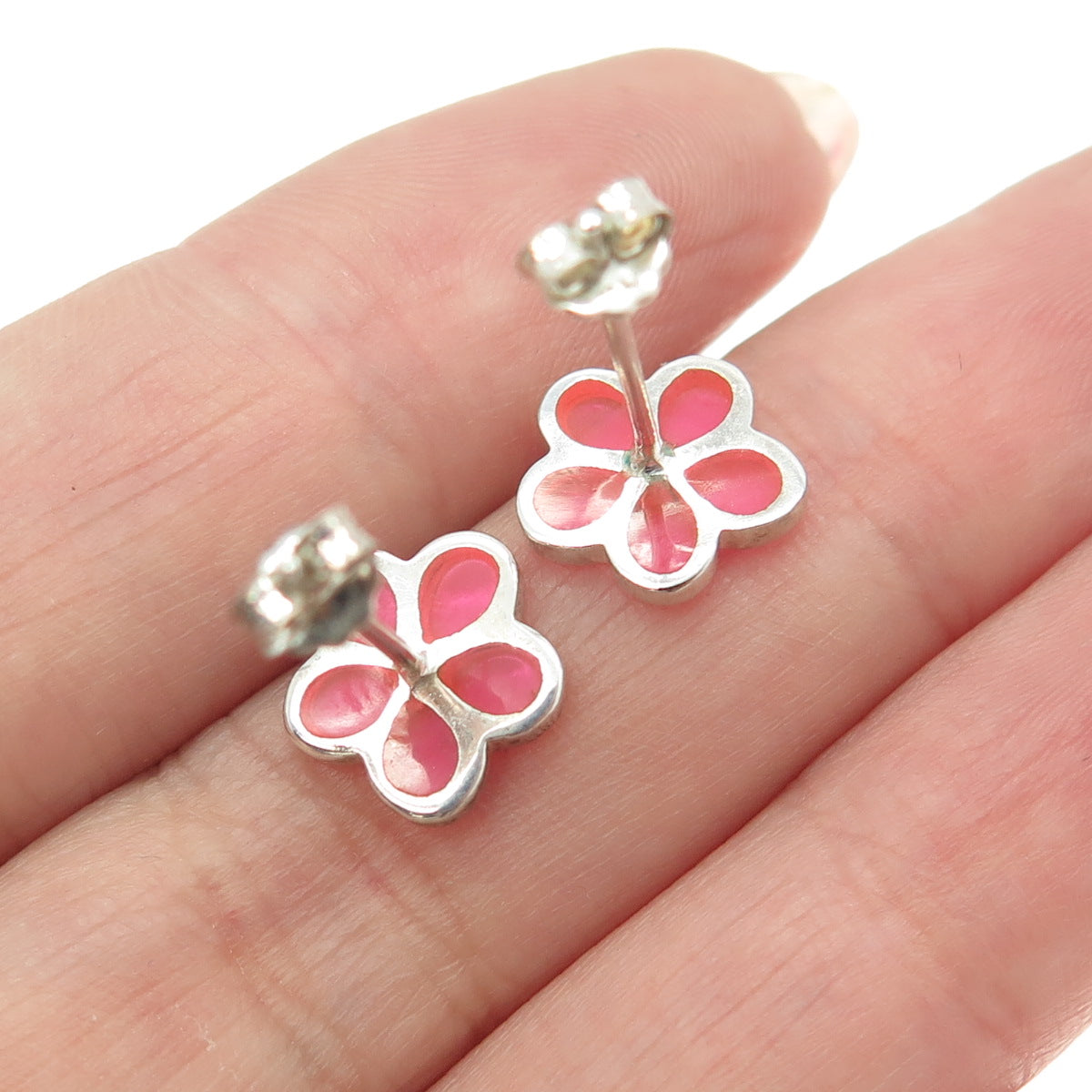 925 Sterling Silver Pink Glass Floral Stud Earrings