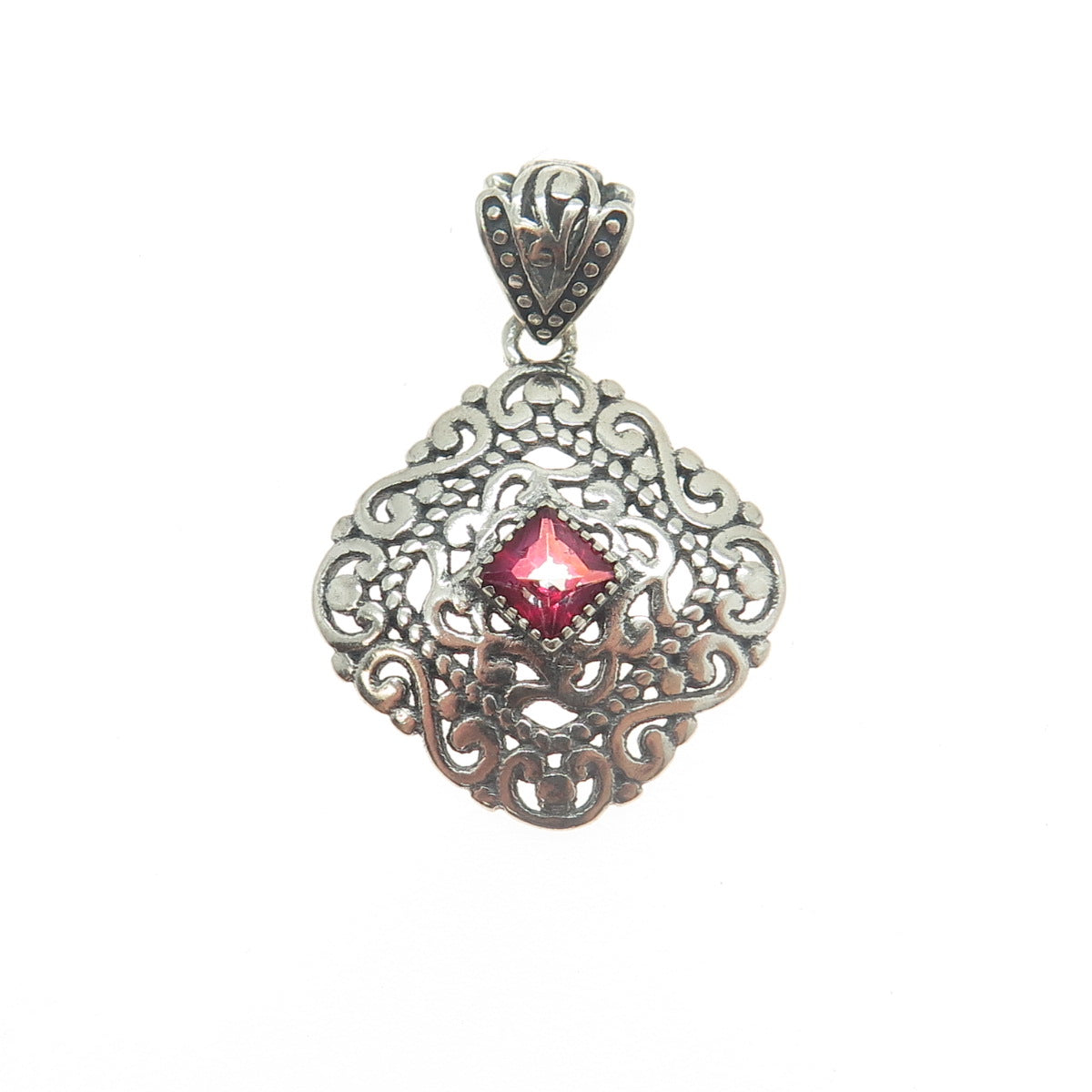 BERIA 925 Sterling Silver Princess-Cut Mystic Crystal Ornate Square Pendant