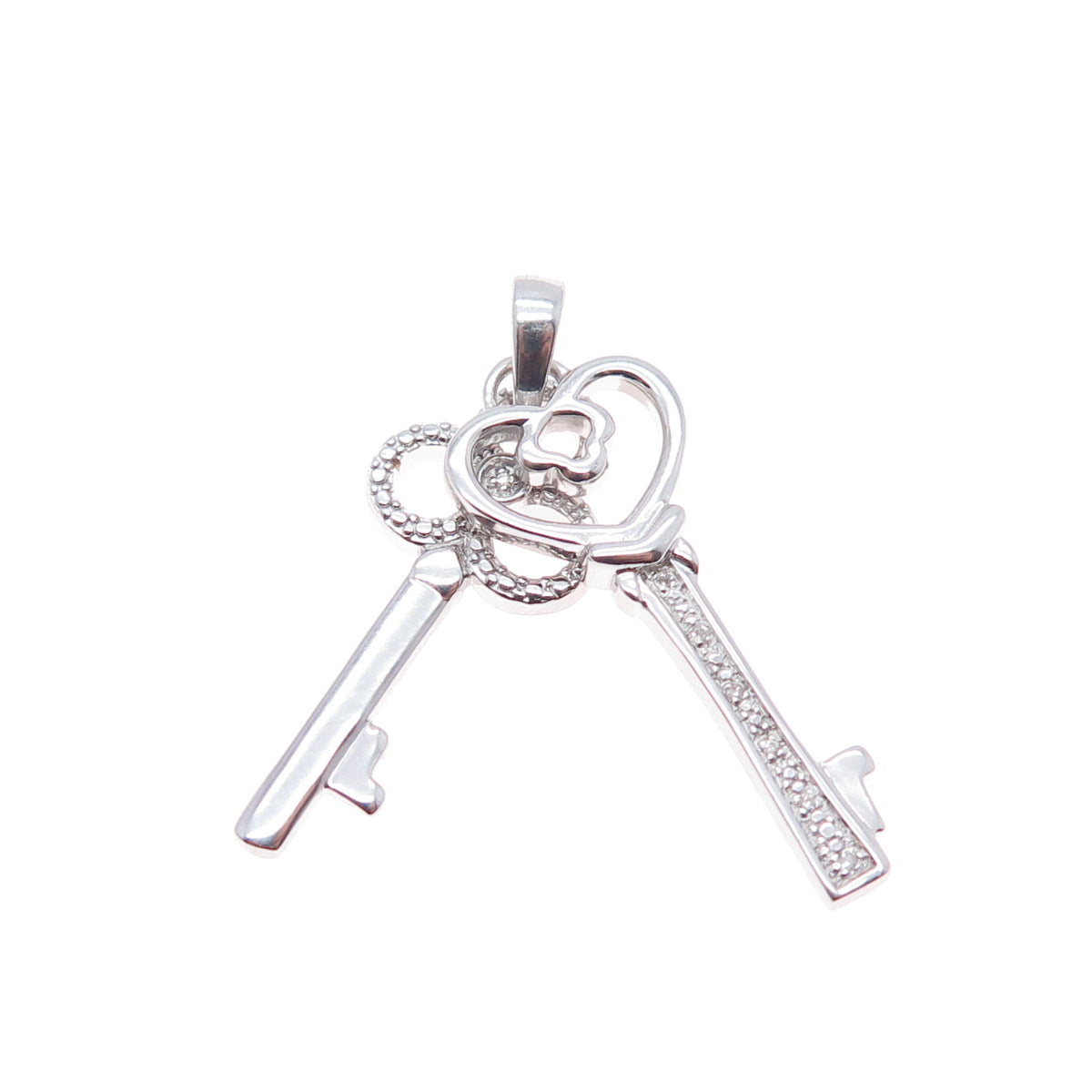 925 Sterling Silver Real Round-Cut Diamond Heart & Club Key Charm Pendant