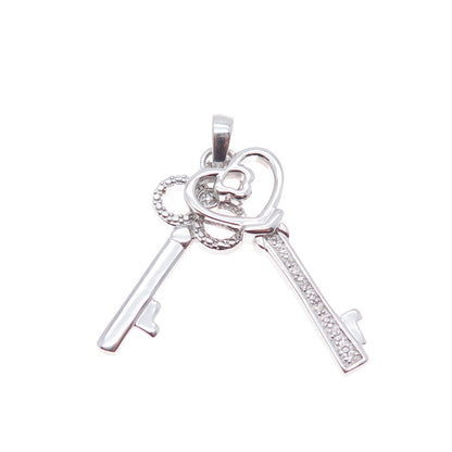 925 Sterling Silver Real Round-Cut Diamond Heart & Club Key Charm Pendant