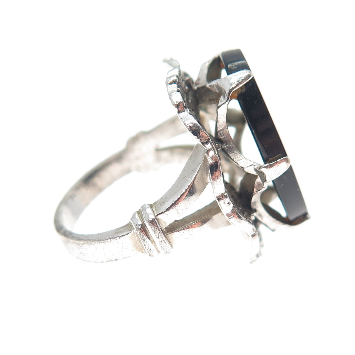 CLARK & COOMBS Sterling Silver Antique Art Deco Real Black Onyx Ring Size 4.75