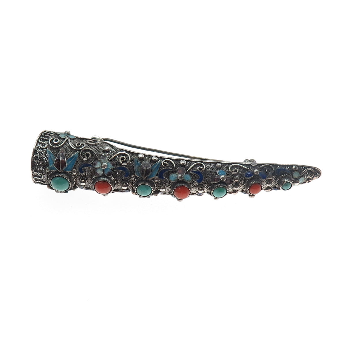 925 Sterling Antique China Enamel Turquoise & Coral Finger Nail Guard Pin Brooch