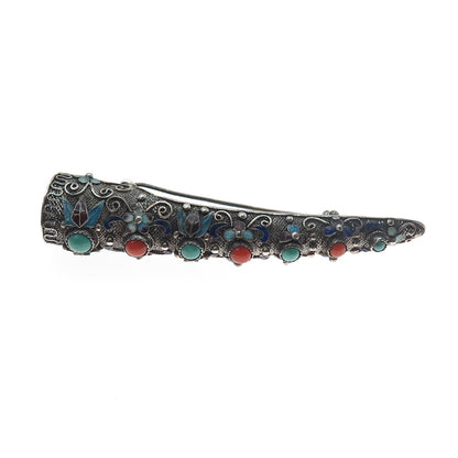 925 Sterling Antique China Enamel Turquoise & Coral Finger Nail Guard Pin Brooch