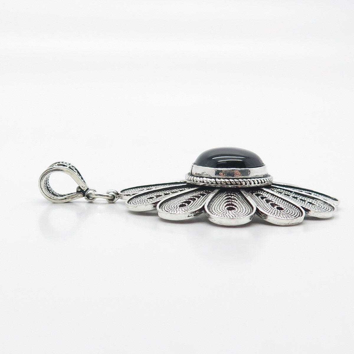 925 Sterling Silver Vintage DBS Turkey Real Black Onyx Filigree Floral Pendant