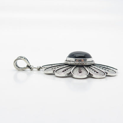 925 Sterling Silver Vintage DBS Turkey Real Black Onyx Filigree Floral Pendant