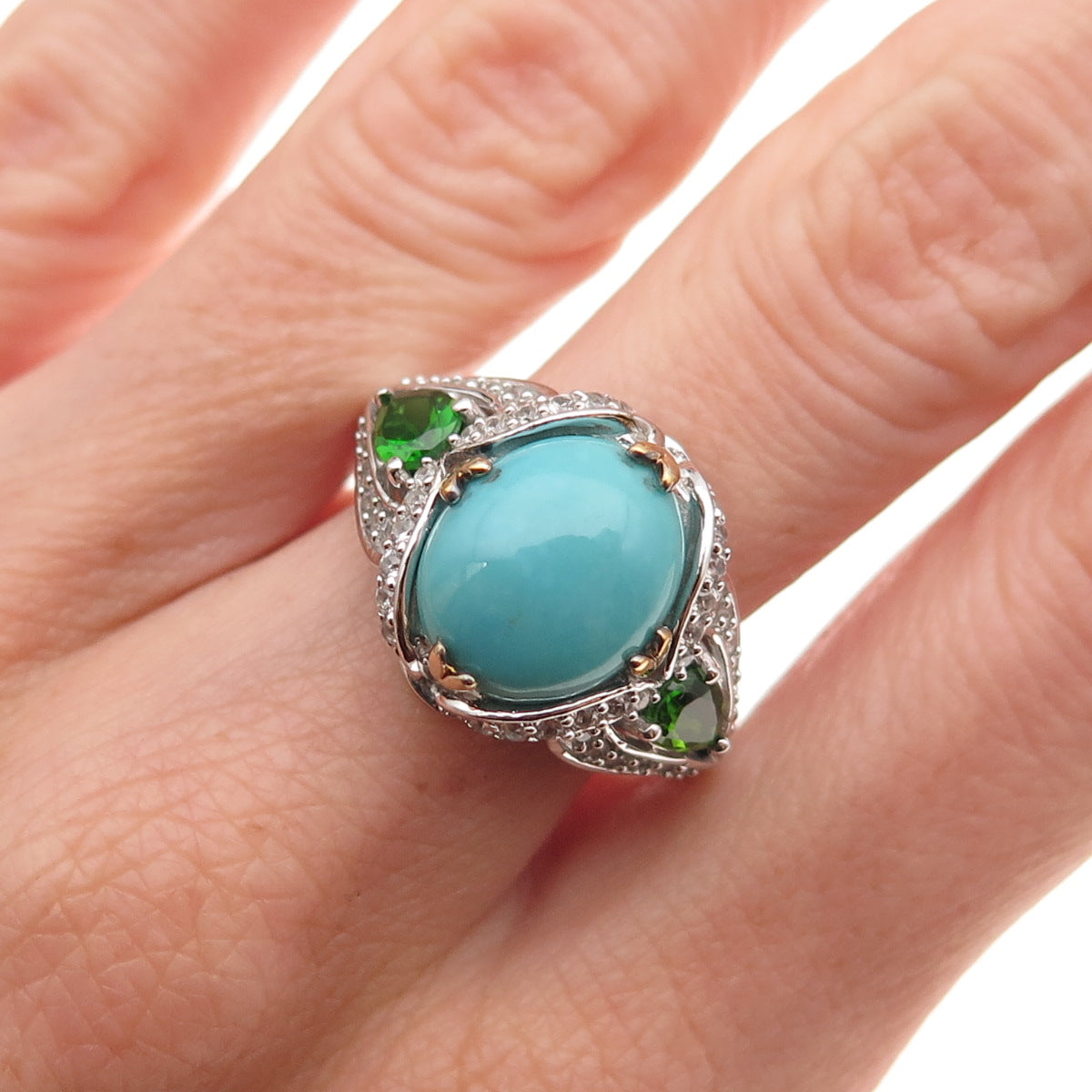 925 Sterling Silver 2-Tone Real Turquoise Peridot & White Topaz Ring Size 8.25
