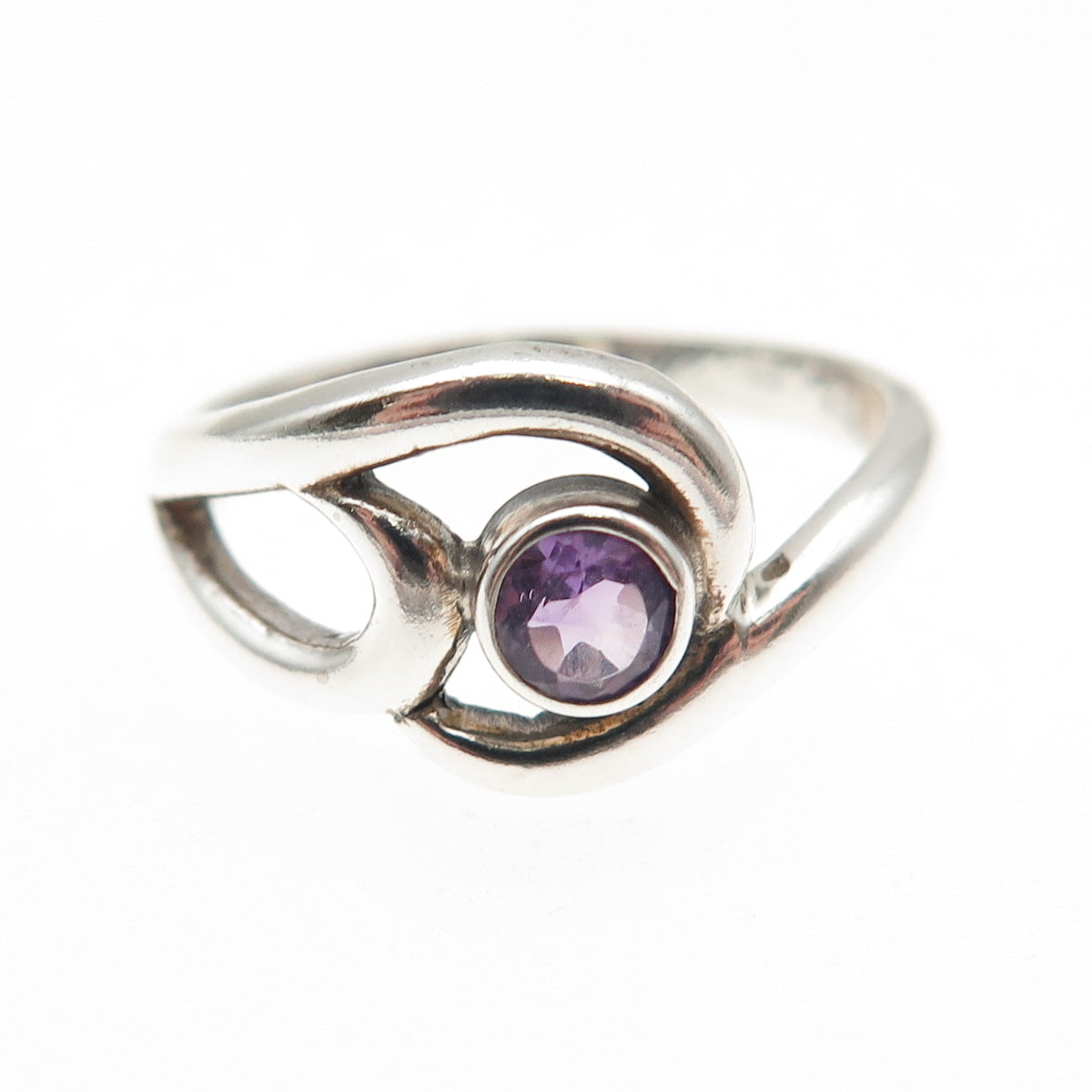 925 Sterling Silver Vintage Real Amethyst Modernist Swirl Ring Size 6.75