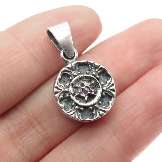 HUGHES Sterling Silver Vintage C Z Wheel Modernist Oxidized Minimalist Pendant