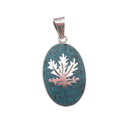 925 Sterling Silver Vintage Mexico Real Turquoise Inlay Cannabis Leaf Pendant