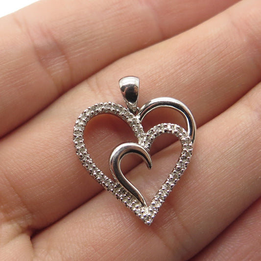 SUN 925 Sterling Silver Real Round-Cut White Diamond Heart Pendant