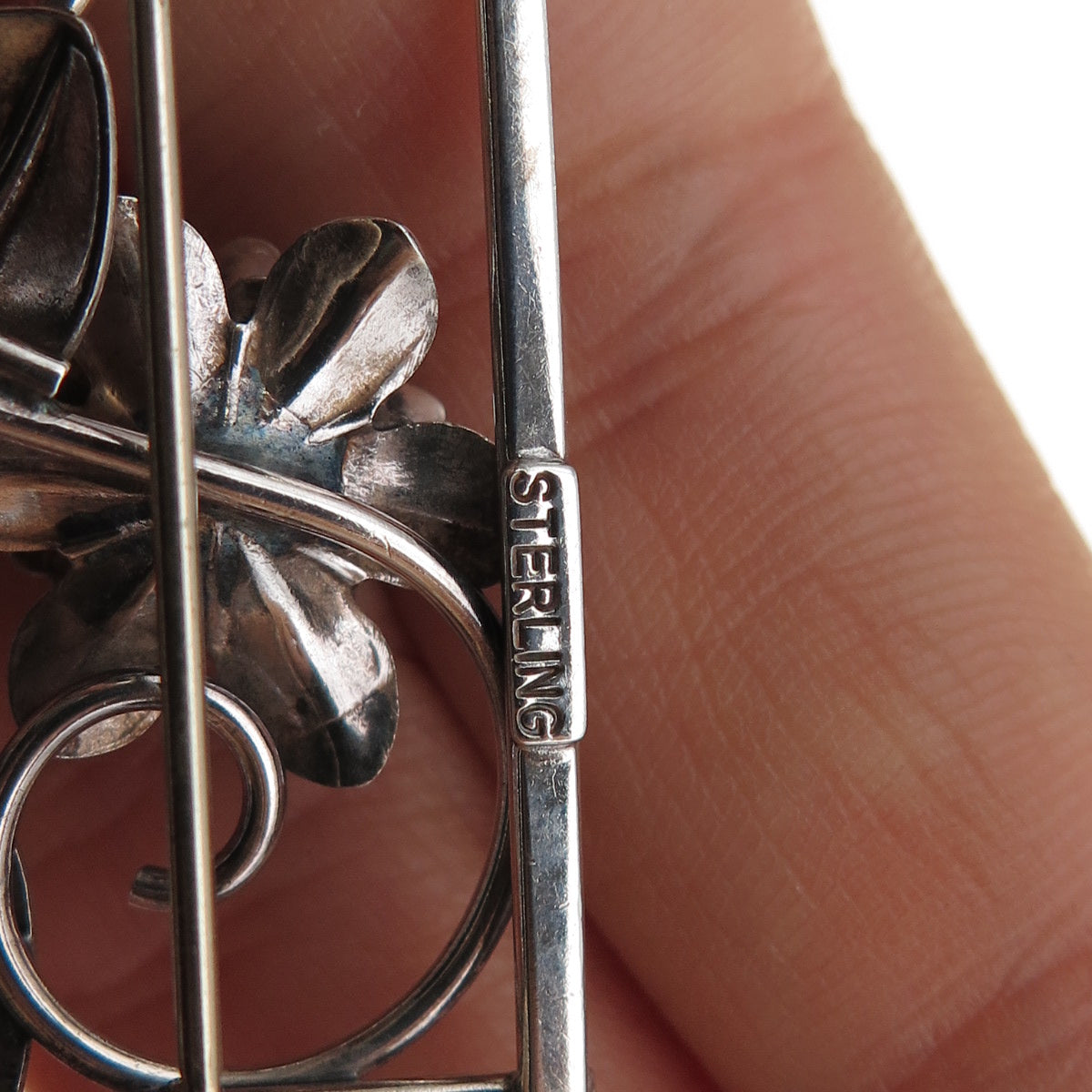 925 Sterling Silver Antique Art Deco Flower Oxidized Pin Brooch
