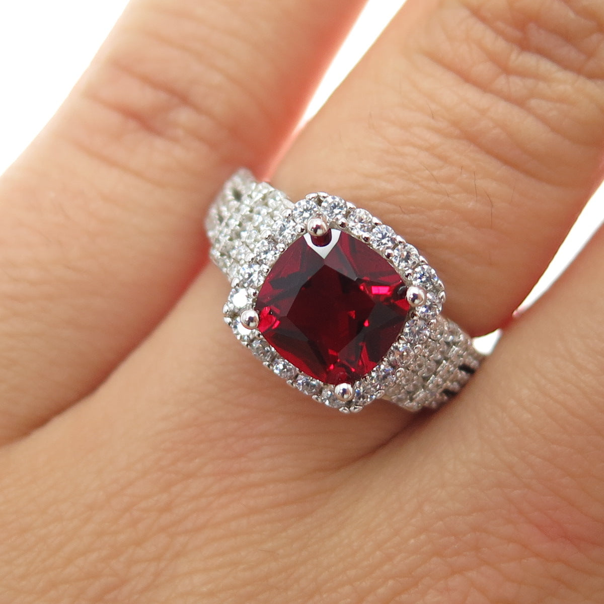 925 Sterling Silver Cushion-Cut Red & Round-Cut White C Z Ring Size 6.25