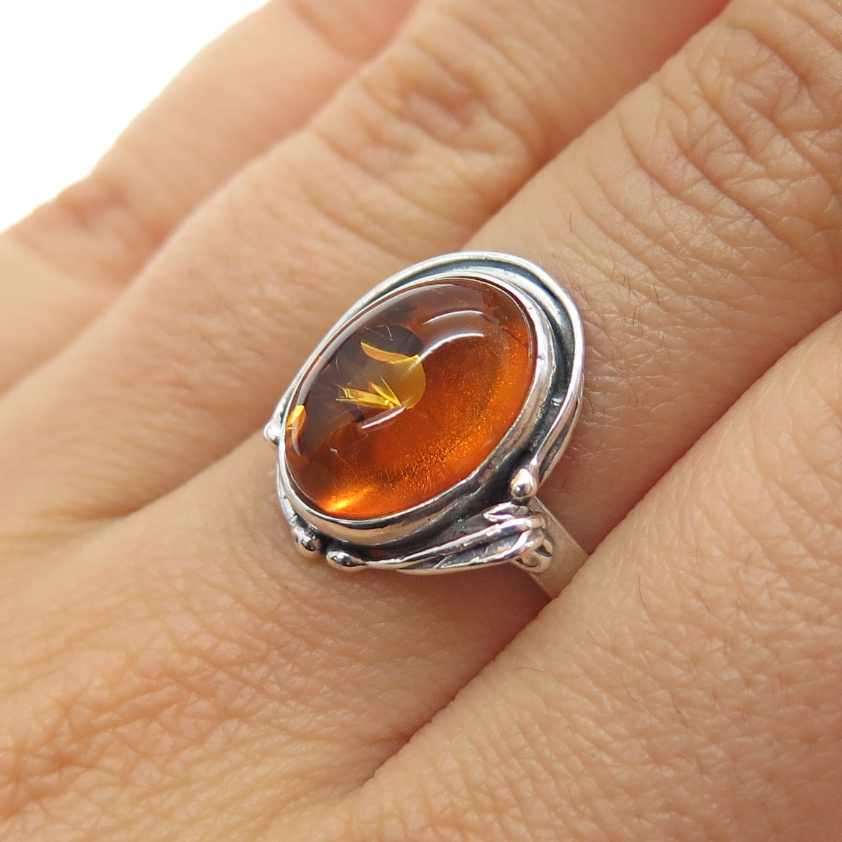 W. Kruk 925 Sterling Silver Vintage Poland Real Amber Modernist Ring Size 7