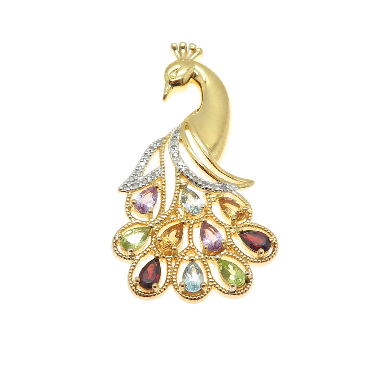 CHARLES WINSTON Sterling Gold Plated Diamond & Multi-Gem Peacock Slide Pendant